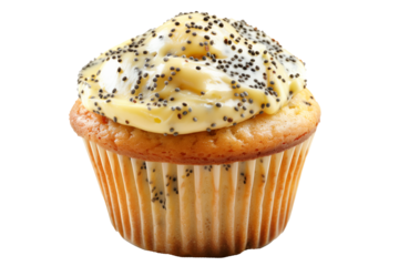 Lemon poppy seed muffin dusting of powdered sugar isolated on white transparent background