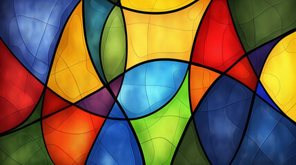 Fototapeta premium Colorful Abstract Stained Glass Design. Vibrant abstract stained glass design featuring colorful geometric shapes in red, blue, green, and yellow, creating a dynamic visual effect.