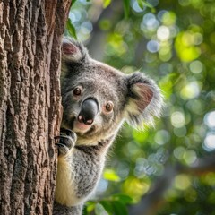 Obraz premium A koala is peeking out from behind a tree trunk