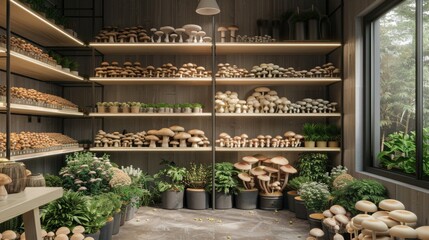 room displaying shelves of mushroom growing kits supplies, promoting home gardening concept design
