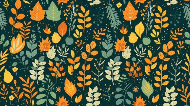 Seamless pattern of a forest in autumn, with stylized leaves in shades of vibrant orange, deep green, and golden yellow, creating a colorful, fall-inspired background