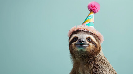 A happy looking sloth wears a party hat and is ready to celebrate - perfect for invitation, save the date, announcement, wide landscape 16:9 with copy space