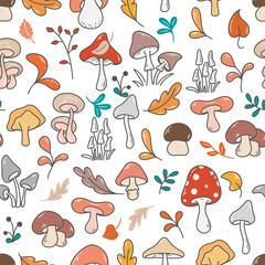 Forest autumn mushroom seamless pattern. Background with different mushrooms, foliage and herbs. Boletuses, chanterelles, toadstools, fly agarics, honey mushrooms, chanterelles and more. Fall mushroom