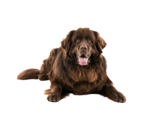 Full body shot of Newfoundland dog, lying down, smiling.