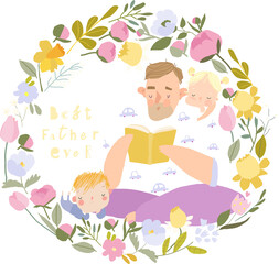 Cute Cartoon Father wearing Pajamas reading Book with His Children. Vector Illustration