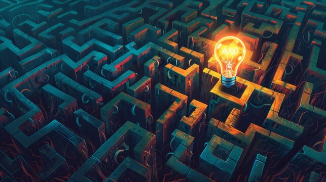 visual representation of a complex maze leading to a light bulb representing creative unemployment idea on a banner