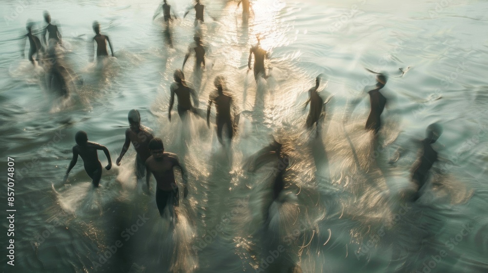 Poster hazy figures gliding through the water in synchronized movements.