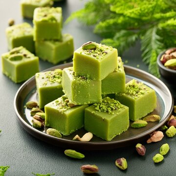 Indian sweet food pistachio mava also called as pista Barfi, burfi, barfee and pista mawa
