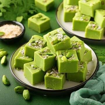 Indian sweet food pistachio mava also called as pista Barfi, burfi, barfee and pista mawa
