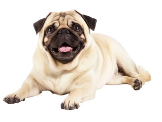Obraz premium Full body shot of Pug dog, lying down, smiling.