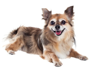 Obraz premium Full body shot of Chihuahua dog, lying down, smiling.