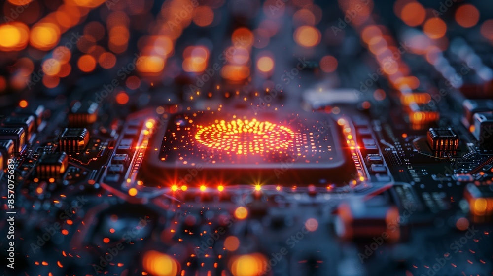 Aufkleber closeup of a lit up computer chip on a circuit board