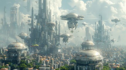 Obraz premium A futuristic city skyline with towering skyscrapers and flying vehicles, advanced technology details, illustration background