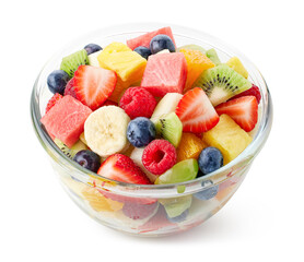 Bowl of fresh fruit salad on white background