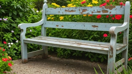 A close-up shot of a weathered, old wooden bench with peeling paint, set against a vibrant garden backdrop. The contrast highlights the beauty of age amidst blooming flowers.