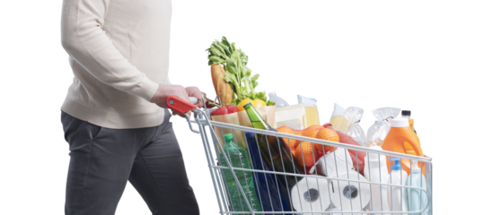 Man doing grocery shopping and pushing a trolley