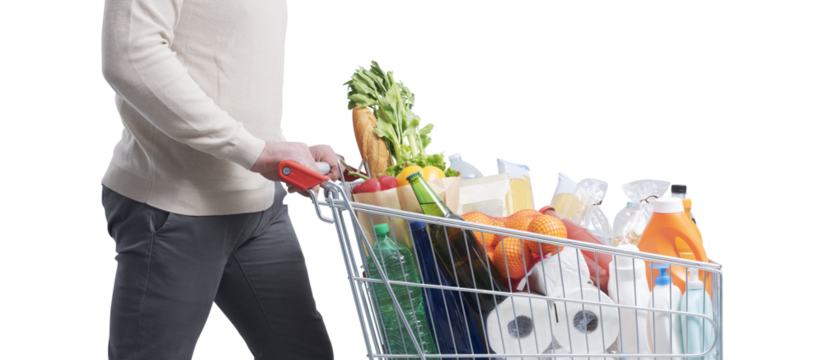 Man doing grocery shopping and pushing a trolley