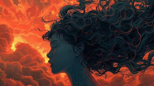 An artistic representation of a person with their head filled with swirling thoughts, depicting the overwhelming nature of intrusive thoughts in anxiety. Illustration, Minimalism,
