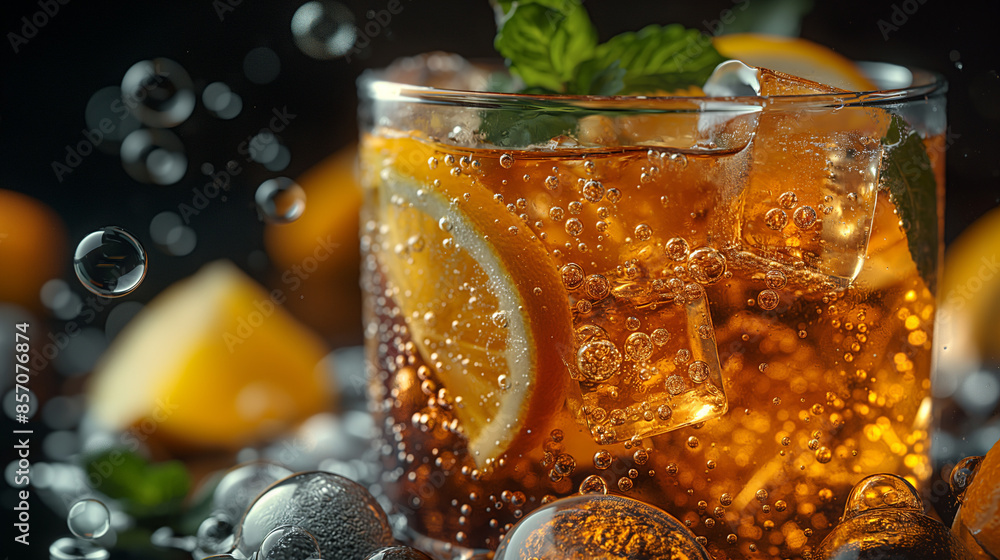 Poster a closeup of cola with ice cubes, lemon and mint leaves floating in it, bubbles on a black backgroun