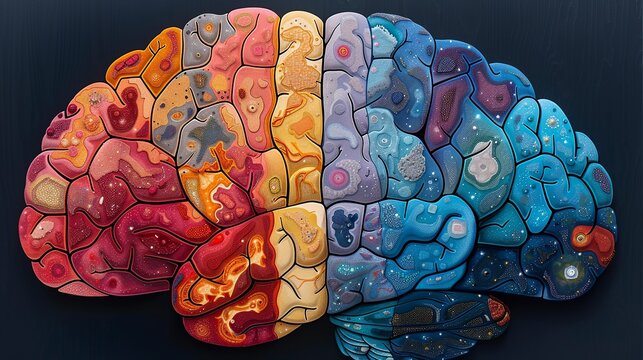 An illustration of a brain with different sections highlighted in bright colors, depicting areas affected by mental health issues like anxiety, depression, and OCD. Illustration, Minimalism,