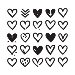 Hand-Drawn Hearts on Clean White Background, Variety of Shapes and Sizes