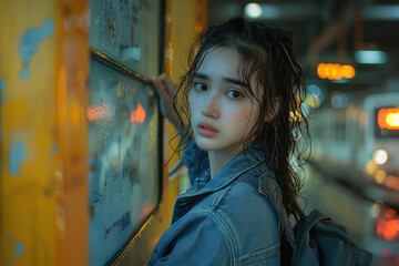 Fototapeta premium Reflective Moment at the Train Station Pensive Young Woman in Denim Jacket Contemplates Life in an Urban Setting with Vibrant Background and Dim Lighting