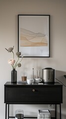 "A Minimalist Home Decor Scene Featuring a Sleek Black Chair Against a White Wall in High-Resolution"