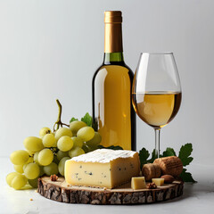 cheese and wine bottle on white solid background
