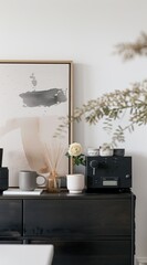 "A Minimalist Home Decor Scene Featuring a Sleek Black Chair Against a White Wall in High-Resolution"