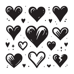 Hand-Drawn Hearts on Clean White Background, Variety of Shapes and Sizes
