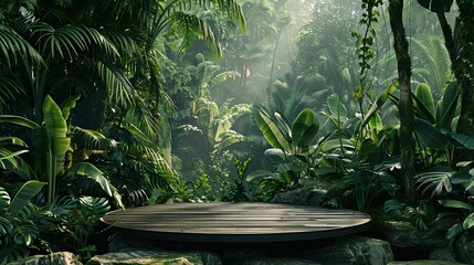Empty wooden round platform surrounded by lush green jungle foliage with sun rays filtering through the dense canopy in a tropical rainforest.