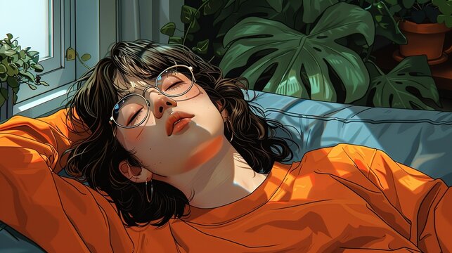 A person lying on a couch, staring at the ceiling with a blank expression, representing the numbness and detachment often felt in depression. Illustration, Minimalism,