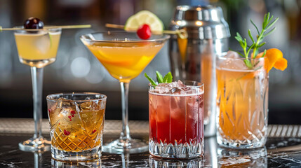 Fototapeta premium Different cocktails in a bar.
