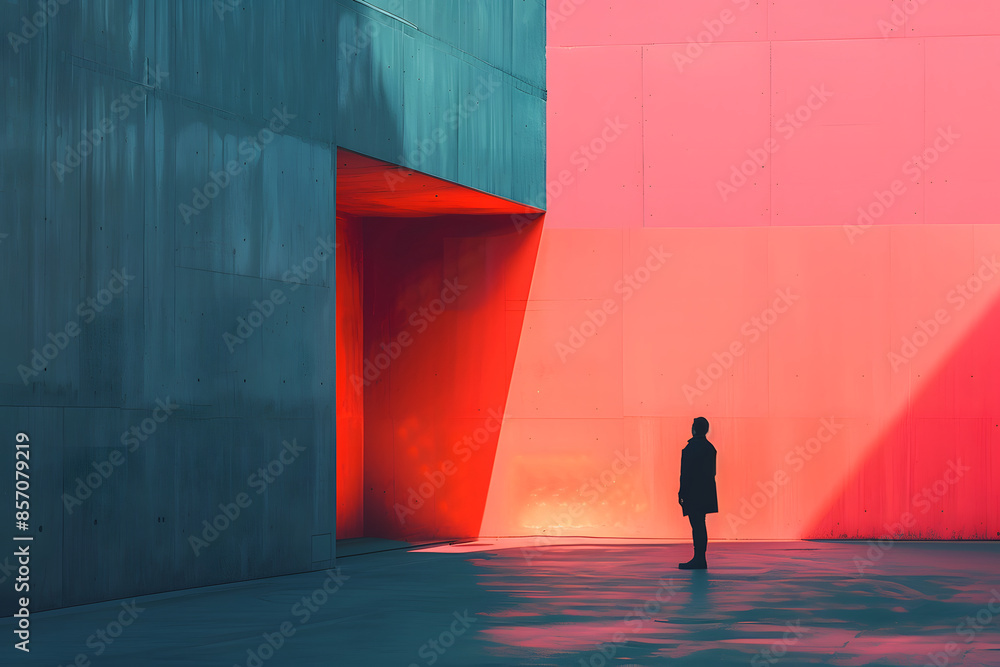 Poster minimalist architecture with silhouette in colorful light and shadow.