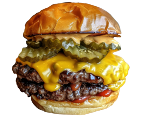 A double cheeseburger with two thick, succulent patties, gooey melted American cheese, tangy pickles, finely chopped onions, and a generous squirt of ketchup and mustard