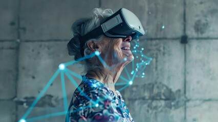 animation elderly woman experiencing virtual reality with vr headset glasses with floating blue digital network elements, technology and innovation for seniors - Powered by Adobe