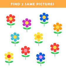 Find 2 same pictures. Puzzle game for children. Preschool worksheet activity for kids. Educational game with flowers illustration.	
