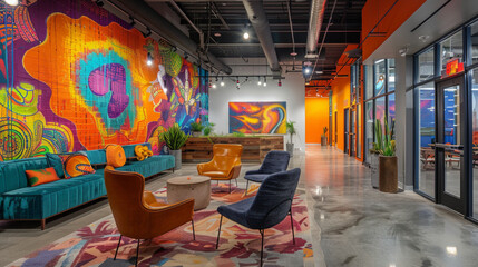 Naklejka premium Colorful and contemporary office lounge featuring modern art on the walls, vibrant furniture, and an inviting atmosphere.
