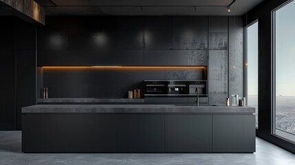 Sleek modern kitchen with dark cabinets, built-in appliances, and panoramic city view