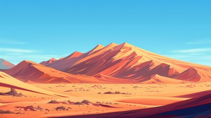 Naklejka premium A tranquil desert landscape with sand dunes, a clear blue sky, and a distant oasis, illustration background