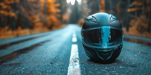 Black motorcycle helmet. Helmet on the asphalt in autumn