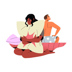 Obraz premium Problems in bed, bad sex in couple. Lack of sexual life in relationship. Man and woman have boredom in bedroom, conflict, quarrel of misunderstanding. Flat isolated vector illustration on white