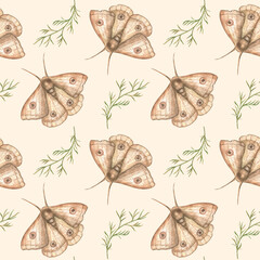 Watercolor seamless pattern with butterflies and meadow grass in vintage rustic style, on a beige background. Designer texture for fabric, paper, wallpaper, clothing and packaging.