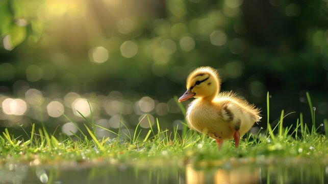 A duckling is standing in a grassy field near a body of water