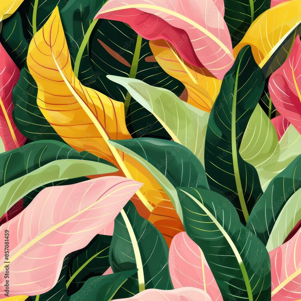 Wall mural Seamless Pattern of Green, Golden and Pink Tropical Leaves on Black Background - Wall murals
