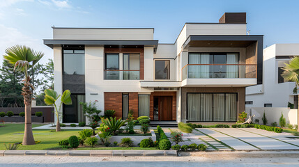 Fototapeta premium a modern style house with two storeys, in the style of light white and dark bronze, pakistan context with front gate and modern facade