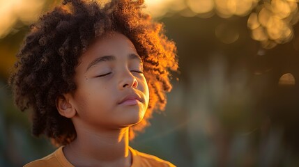 A child practicing deep breathing exercises with their eyes closed, demonstrating a mindfulness technique for stress reduction. Illustration, Minimalism,
