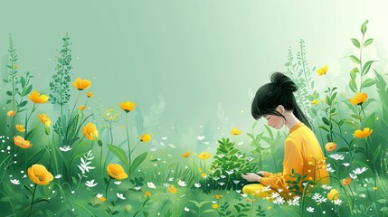 A teenager engaging in a hobby like gardening, emphasizing the therapeutic benefits of connecting with nature. Illustration, Minimalism,
