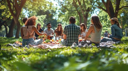 A group of friends having a picnic in the park, promoting social interaction as a means to alleviate stress and foster a sense of belonging. Illustration, Minimalism,