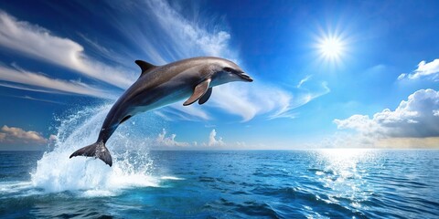 Dolphin gracefully leaping into the sparkling blue ocean , dolphin, water, jump, leap, marine life, wildlife, animal, sea, aquatic